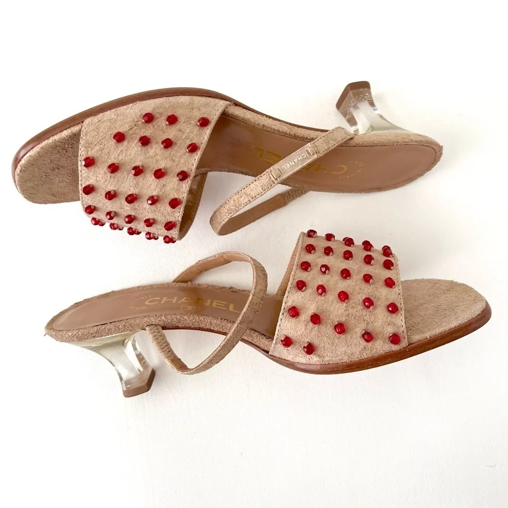 CHANEL | Vintage Y2K Tan Suede Red Embellished Mule Lucite Kitten Heel Sandal